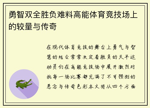 勇智双全胜负难料高能体育竞技场上的较量与传奇