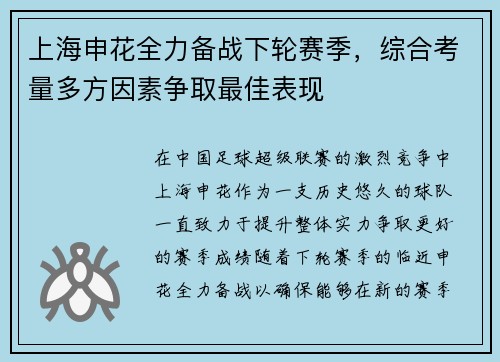 上海申花全力备战下轮赛季，综合考量多方因素争取最佳表现