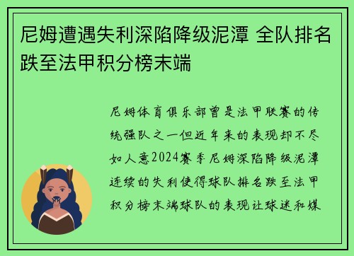 尼姆遭遇失利深陷降级泥潭 全队排名跌至法甲积分榜末端