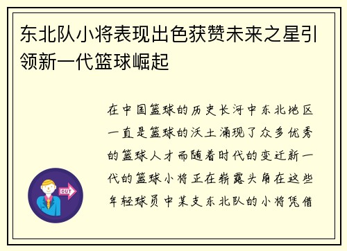 东北队小将表现出色获赞未来之星引领新一代篮球崛起