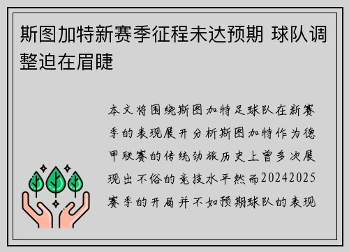 斯图加特新赛季征程未达预期 球队调整迫在眉睫