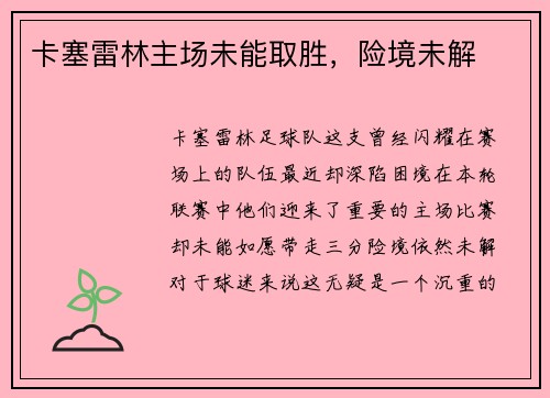 卡塞雷林主场未能取胜，险境未解