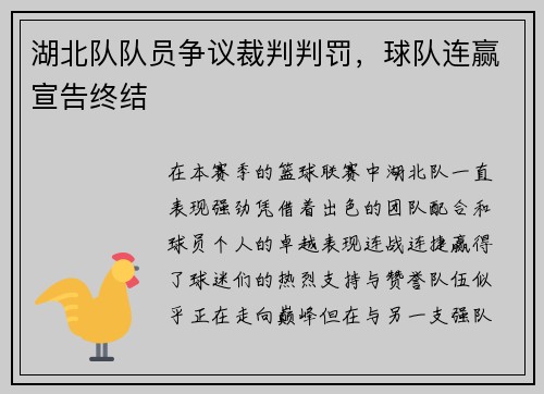 湖北队队员争议裁判判罚，球队连赢宣告终结