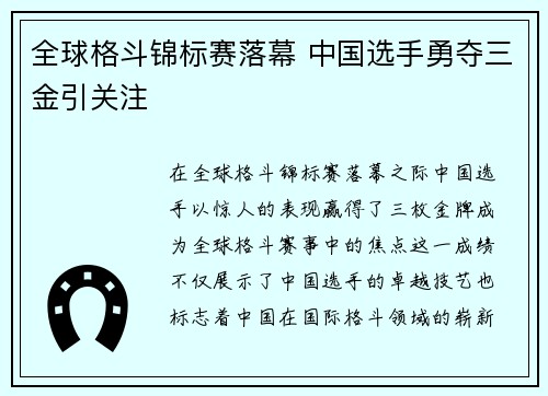 全球格斗锦标赛落幕 中国选手勇夺三金引关注