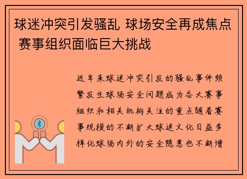 球迷冲突引发骚乱 球场安全再成焦点 赛事组织面临巨大挑战