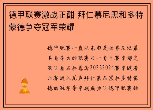 德甲联赛激战正酣 拜仁慕尼黑和多特蒙德争夺冠军荣耀