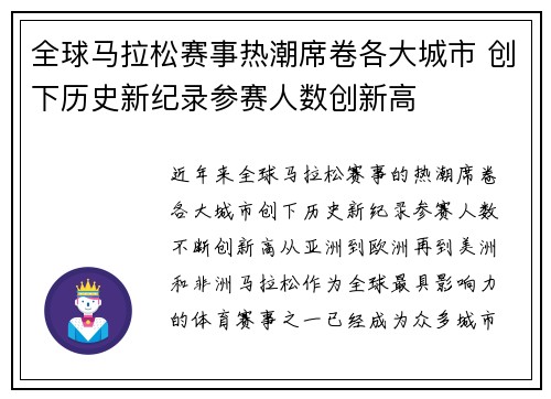 全球马拉松赛事热潮席卷各大城市 创下历史新纪录参赛人数创新高